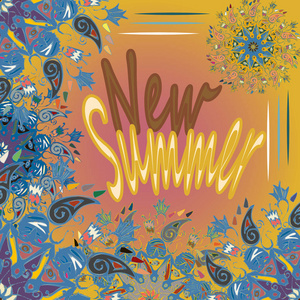 新的夏天，Zentangle灵感艺术复古卡设计与涂鸦在明亮的颜色。