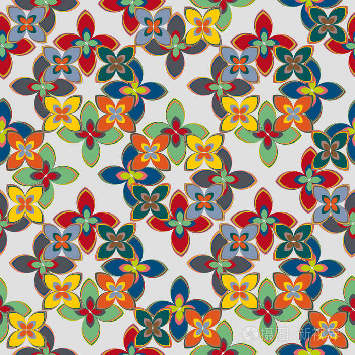 几何多色与花卉无缝图案,矢量插图