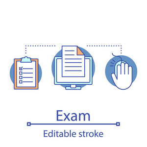 考试概念图标。 在线教育考试理念细线插图。 清单。 考试。 计算。 数据管理。 矢量孤立轮廓绘制。 可编辑行程