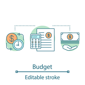 财务规划概念图标。 预算编制。 资金和融资理念细线插图。 财务会计和簿记。 矢量孤立轮廓绘制。 可编辑行程