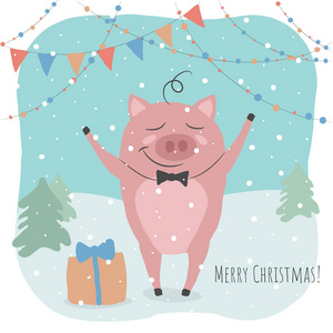 一只可爱的猪在迎接新年和圣诞节。美丽的冬天插图。 完美的儿童卡，海报，横幅，书籍插图和其他设计项目。 向量eps10。