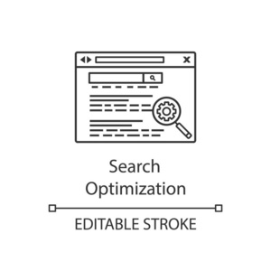 SEO线性图标。 搜索引擎优化。 细线插图。 网站排名。 SEO营销。 网络浏览器。 搜索结果。 轮廓符号。 矢量孤立轮廓绘制。