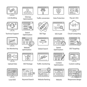 SEO线性图标设置。 搜索引擎优化。 互联网营销。 增加网络流量和领先生成策略。 网站排名。 孤立矢量轮廓插图。 可编辑行程