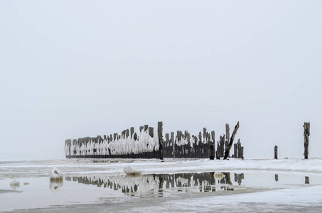 冬季里加湾拉脱维亚旧防波堤的景观