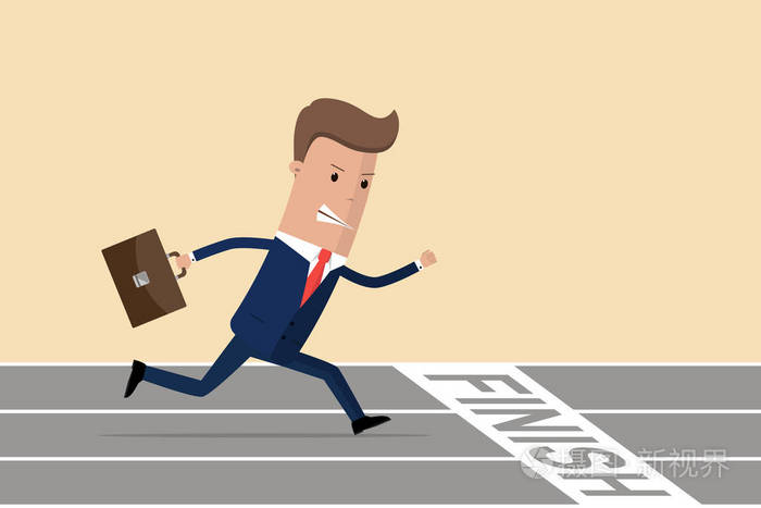 终点线的商人. 商人带着公文包经营活力的动态概念. 商人沿着跑道跑.