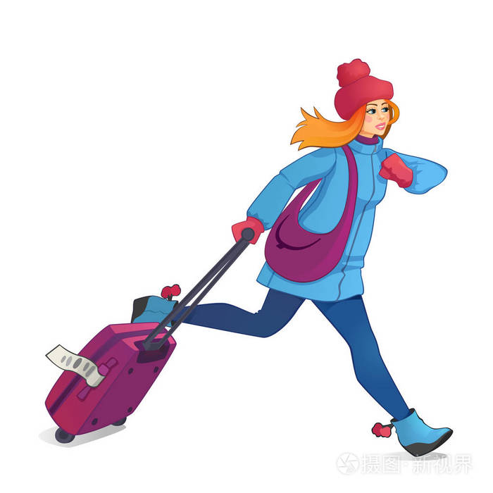 女孩穿着秋装带着紫色的行李跑女孩跑得很匆忙矢量卡通女孩插图隔离在