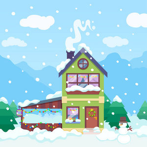 冬天的背景，房子和雪人和灯光日光。 山里的圣诞屋。 冬日插图。 圣诞山景平坦式。