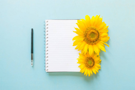 学校打开白色笔记本和向日葵在蓝色背景螺旋记事本上的桌子。 商务办公教育理念模拟