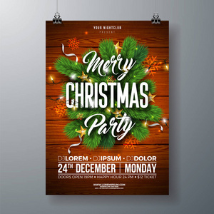 圣诞派对传单插图与松树分支, 金星和排版在木纹理背景。邀请或横幅的矢量庆祝海报设计模板