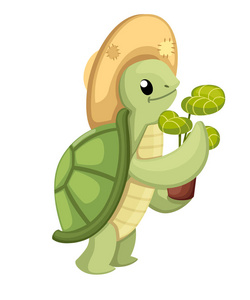 快乐可爱的乌龟微笑着散步. 卡通人物设计.