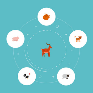 设置为您的网络移动应用程序徽标设计的动物图标平面样式符号与猪, 松鼠, 鹿和其他图标