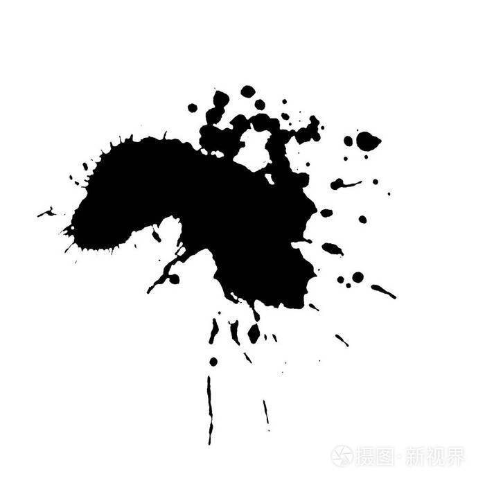 乌木油墨胀. 白色背景上的黑色斑点. 墨水溅满了粪便.