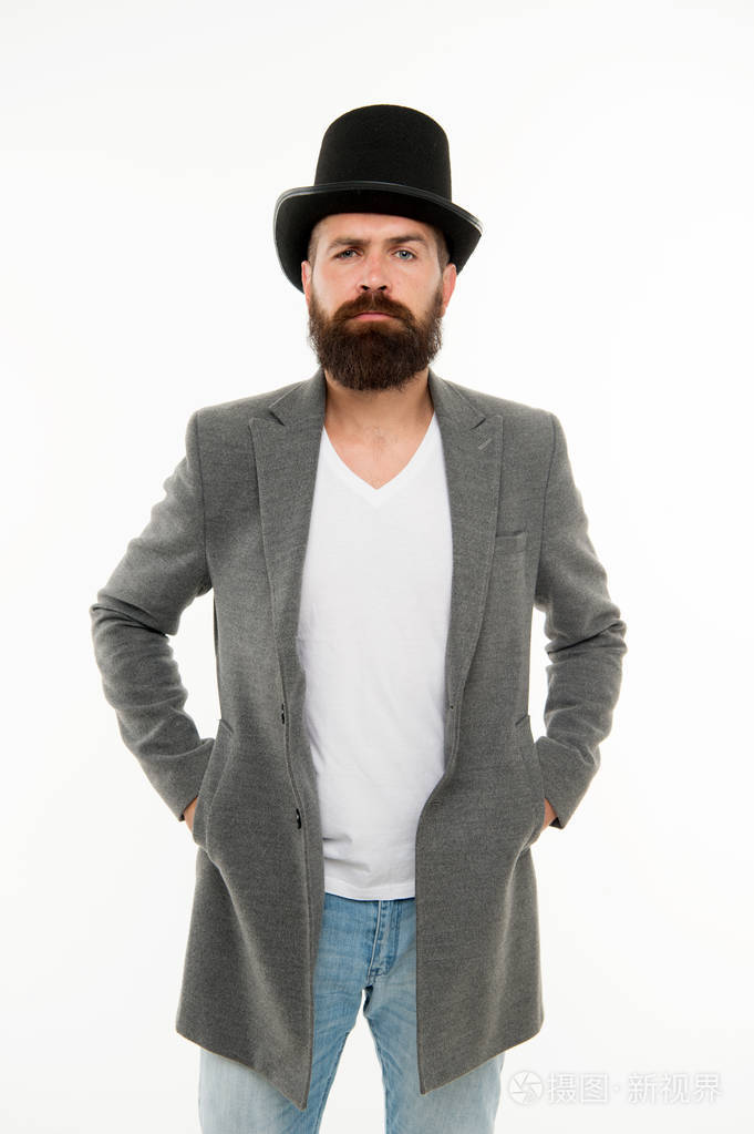 复古风格.自信英俊的残忍的人头发和胡须护理.有胡子的成熟嬉皮士.