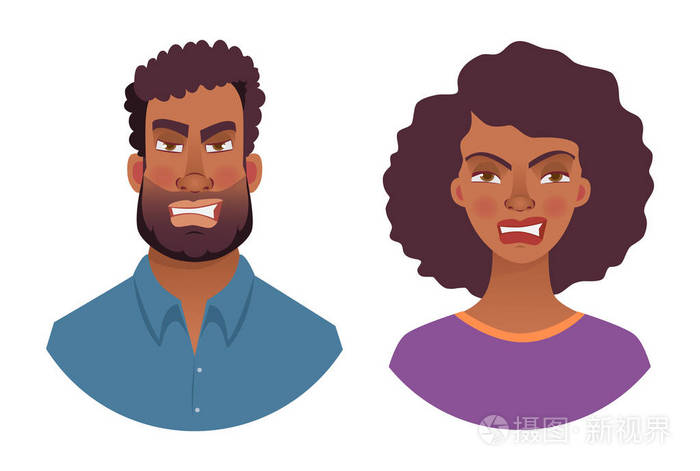 非洲男人和女人的肖像. 非裔美国妇女面对的情绪. 面部表情男人矢量图