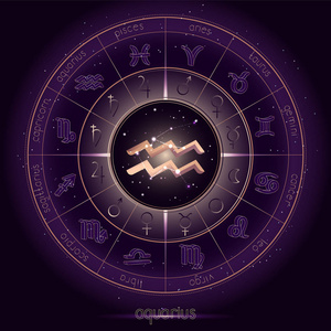 转火星文字黄道星座和水瓶座与星座圆圈在星空夜空背景与几何图案.