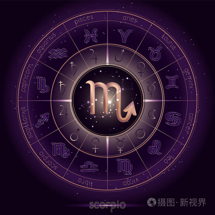 生肖和星座天蝎座与星象圈在星空背景与几何图案 神秘圆圈中的神圣符号和象形文字占星术行星 黄金和紫色元素 矢量 插画 正版商用图片146bd7 摄图新视界