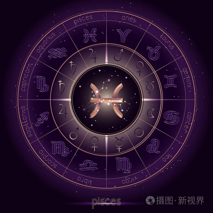 黄道星座和双鱼座在星空背景上有星座圆圈 有几何图案 神秘圆圈中的神圣符号和象形文字占星术行星 黄金和紫色元素 矢量 插画 正版商用图片146bd9 摄图新视界 黄道星座和双鱼座在星空背景上有星座圆圈 有几何图案 神秘圆圈中的神圣符号和象形文字占星术行星 黄金和紫色元素 矢量 插画 正版商用图片146bd9 摄图新视界