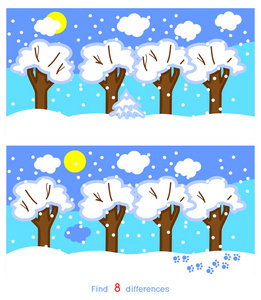找出八个不同之处。 儿童游戏冬季卡通景观，落叶树覆盖雪