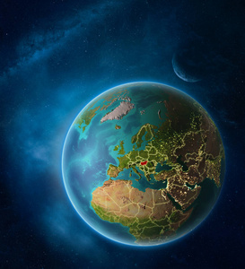 行星地球与突出匈牙利在空间与月亮和银河。 可见的城市灯光和国家边界。 三维插图。 这幅图像的元素由美国宇航局提供。