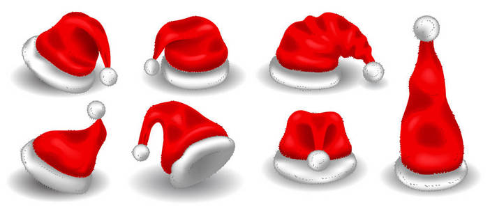 现实圣诞圣诞老人红帽孤立矢量集。圣诞老人帽子圣诞节节日庆祝例证