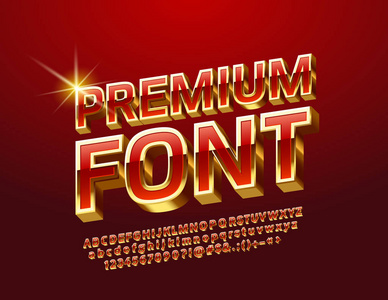 豪华3D字母数字和符号。 矢量红色和金色高级字体。