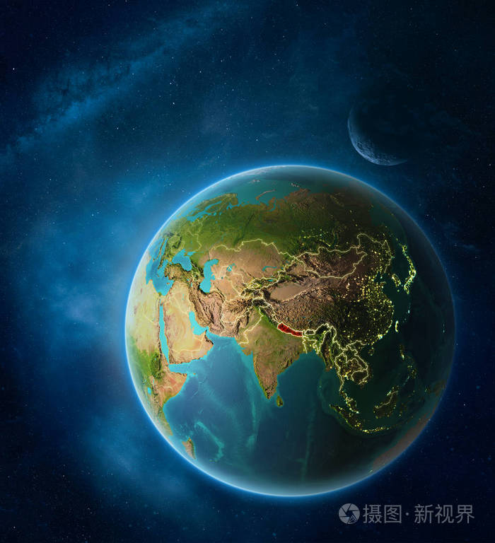 可见的城市灯光和国家边界. 三维插图.