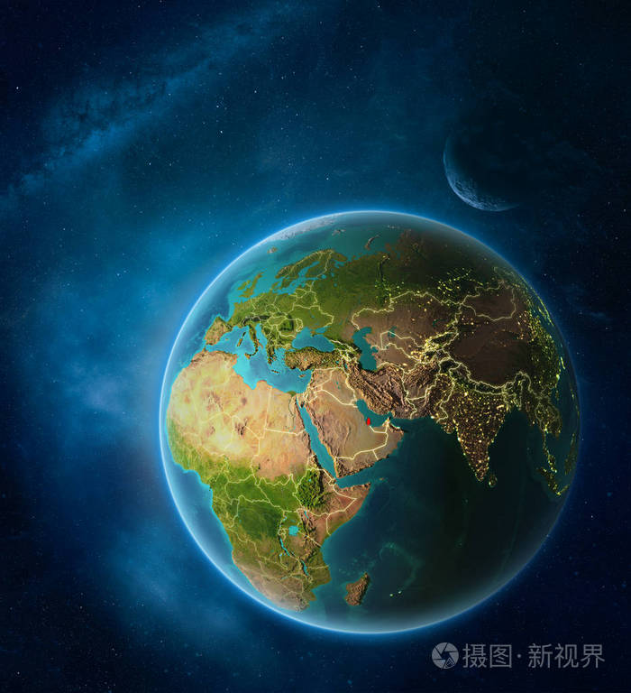 可见的城市灯光和国家边界. 三维插图.