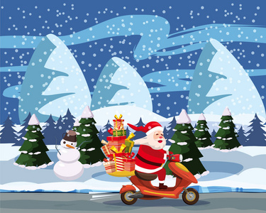 圣诞快乐, 新年快乐, 圣诞老人快乐, 带着骑摩托车的礼物盒。冬季景观背景, 圣诞树, 松树, 雪人, 雪。圣诞假期主题设计元素