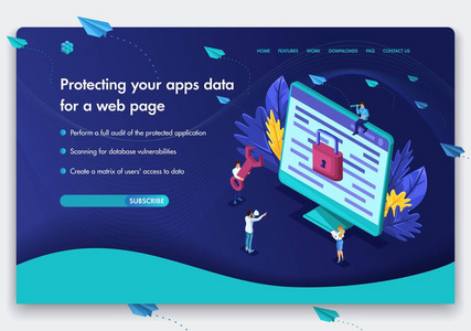 业务网站模板设计。i代斯概念的工作的人在保护计算机数据的网页上。web 应用程序的数据保护