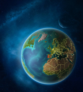 行星地球与突出葡萄牙在空间与月亮和银河。 可见的城市灯光和国家边界。 三维插图。 这幅图像的元素由美国宇航局提供。