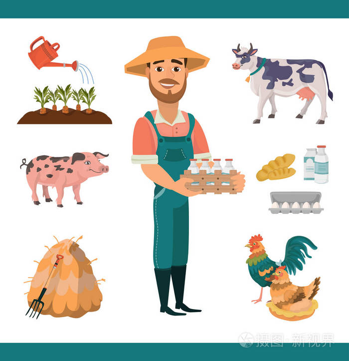 卡通农场剪贴画集,胡须微笑的人作为农场工人农场动物(猪和牛)和鸟类