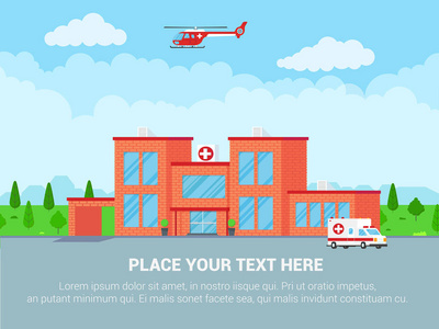 医疗中心概念砖建筑医生护士病人直升机和救护车平式。 医院大楼医生护士坐轮椅救护车，直升机和房子。