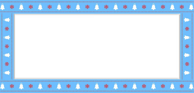 可爱的圣诞节或新年蓝色边界与圣诞节钟声和雪花图案隔离在白色背景。 矢量插图矩形模板横幅框架剪贴簿与空拷贝空间。