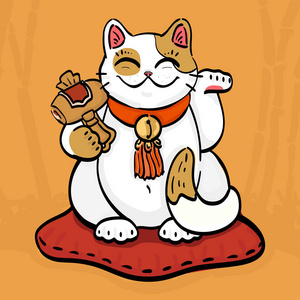 马尼基尼科护身符猫的插图用一个直立的爪子和金锤召唤财富.