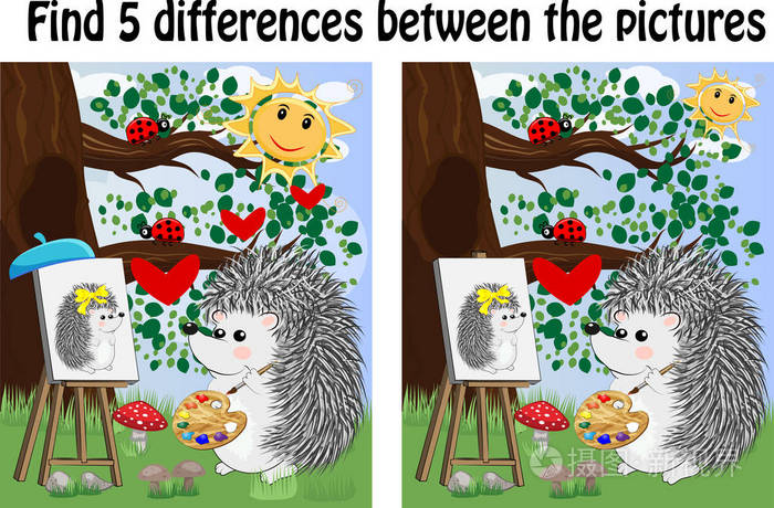 s educational game. Hedgehog artist paints in the woods on the e