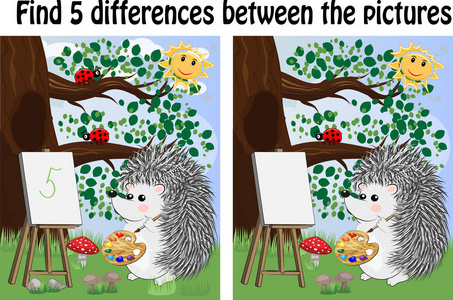 s educational game. Hedgehog artist paints in the woods on the e