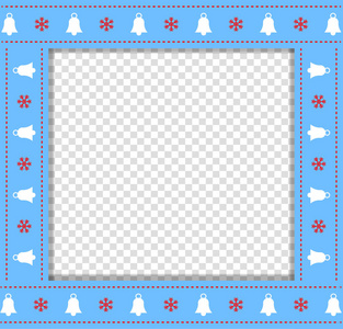 可爱的圣诞节或新年蓝色边界与圣诞节钟声和雪花图案隔离在透明的背景。 矢量插图方形模板相框剪贴簿与空拷贝空间。