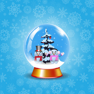 圣诞节新年水晶雪球与几个可爱的雪人和冷杉树在冬季雪背景与可爱的雪花。 矢量卡通插图横幅海报贺卡模板。