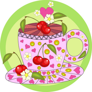 樱桃茶。 用爱煮的茶。 一个装有樱桃浆果的杯子，上面装饰着树叶和花的铭文