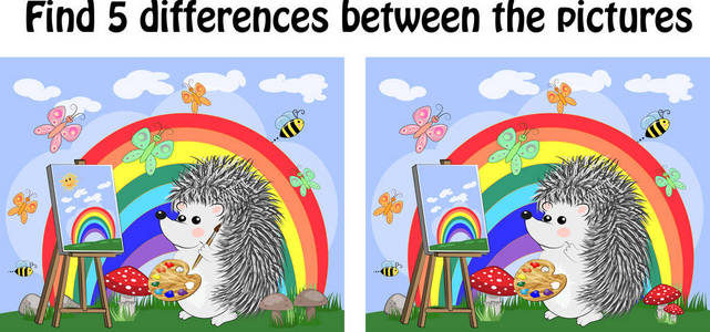 s educational game. A hedgehog artist on a clearing with a rainb