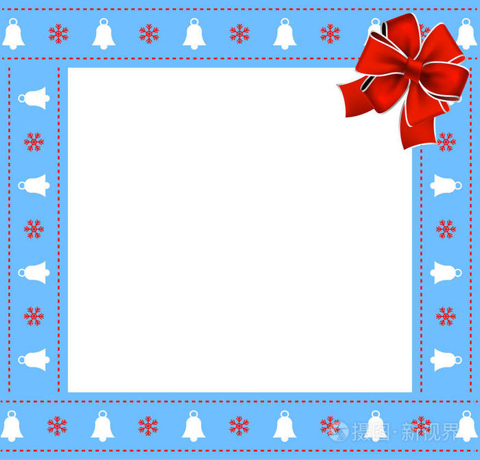 可爱的圣诞节或新年蓝色边界与圣诞钟声,雪花图案和红色蝴蝶结在白色