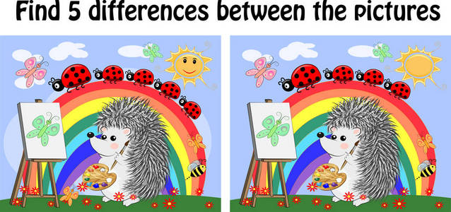 s educational game. A hedgehog artist on a clearing with a rainb