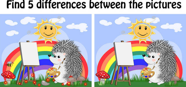s educational game. A hedgehog artist on a clearing with a rainb