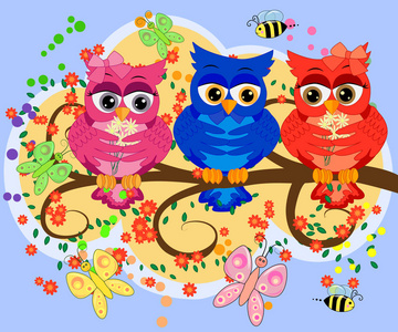 可爱的五颜六色的卡通猫头鹰坐在树枝上，开着花。 生日贺卡请柬打印纺织品。