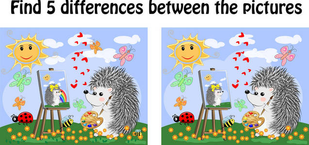 找出图片之间的区别。 儿童学习游戏。 刺猬在童话小路上画架