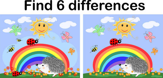 s educational game. Hedgehogs on a sunny glade near the rainbow