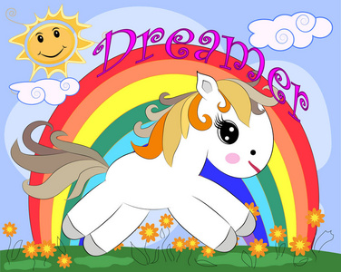 白色的小马在一片空地上,有花彩虹的太阳. 儿童插图童话故事照片