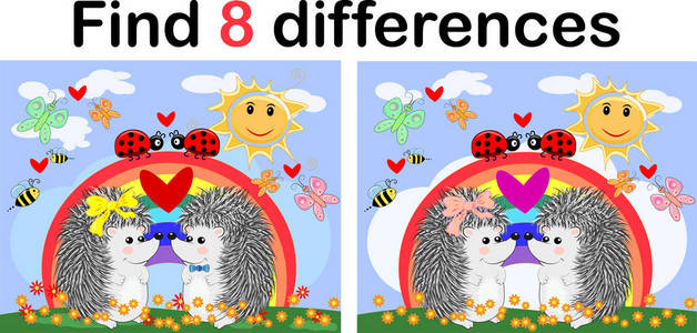 s educational game. Hedgehogs on a sunny glade near the rainbow