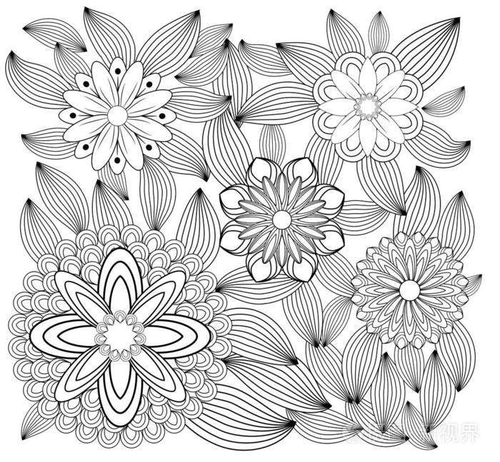 幻想花着色页 手绘涂鸦 花卉图案插图 非洲印度图腾部落带状设计 素描插画 正版商用图片146ix1 摄图新视界