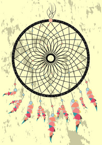 美洲印第安人的梦想捕手传统象征。 带彩色羽毛和珠子的亮卡卡